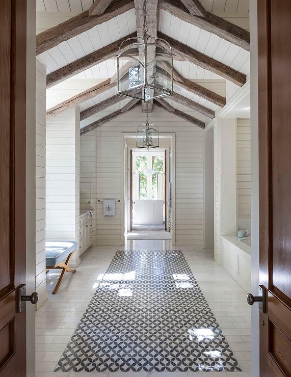 Vaulted Shiplap Bathroom Ceiling Rustic Wood Beams Wainscoted Tub